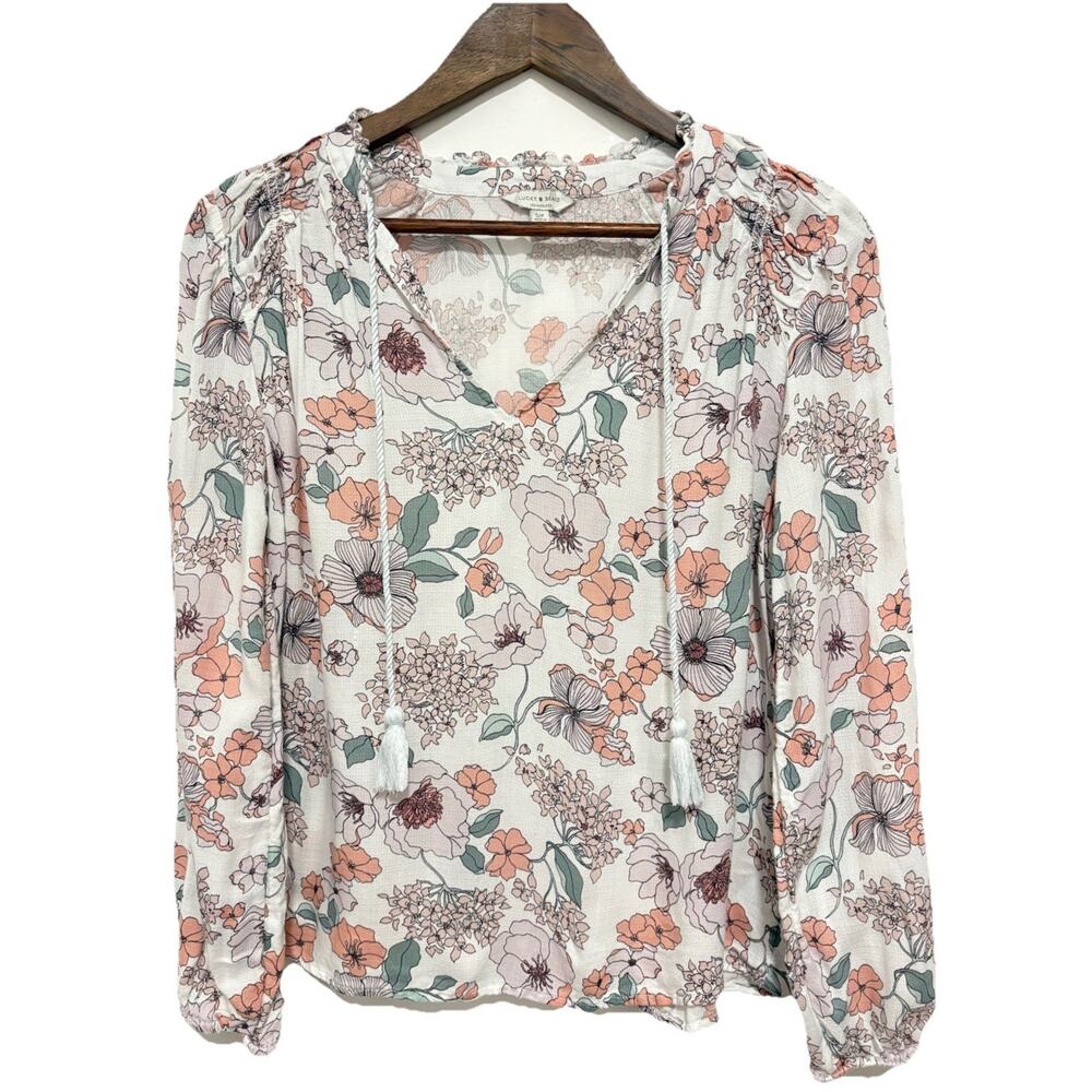 Lucky Brand Floral Peasant Blouse Small Boho Tassel Tie Puff Sleeve Top
